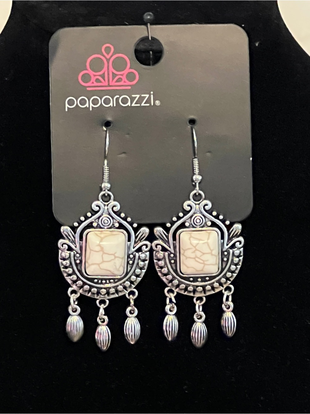 Paparazzi Silver-Tone Cream Stone Boho Chandelier Earrings